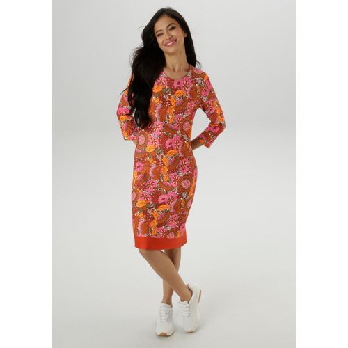 Jerseykleid ANISTON SELECTED, Damen, Gr. 46, N-Gr, orange, rosa, sanftes weiß, rostbraun, khaki, Milano Rib, Obermaterial: 85% Viskose, 10% Polyester, 5% Elasthan, geblümt, gemustert, bedruckt, casual, figurumspielend kniefrei, Rundhals, 3/4-Ärmel, Kleider, mit fantasiereichem Blumen- und Blütendruck - NEUE KOLLEKTION