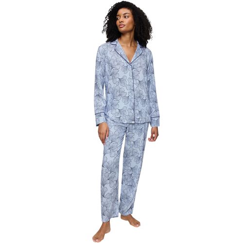 Schlafanzug TRIUMPH, Damen, Gr. 38, combina blau, Obermaterial: 100% Viskose, modisch, Homewear-Sets, mit klassischem Reverskragen