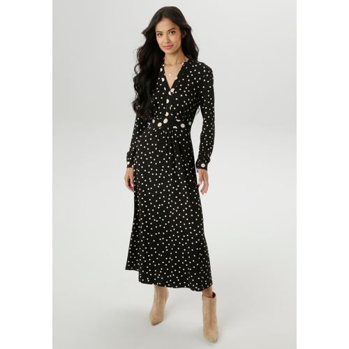 Midikleid ANISTON SELECTED, Damen, Gr. 36, N-Gr, schwarz (schwarz, beige), Single Jersey, Obermaterial: 95% Viskose, 5% Elasthan, gepunktet, bedruckt, modisch, figurumspielend wadenlang, V-Ausschnitt, Langarm 1-Knopf-Manschette, Kleider, mit raffiniertem Tupfendruck - NEUE KOLLEKTION