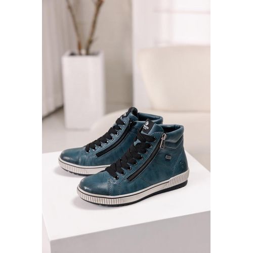 Schnürboots REMONTE, Damen, Gr. 45, blau (petrol), Leder, Lederimitat, sportlich, Schuhe, Plateau, Schnürstiefelette, Boots in Crash-Optik
