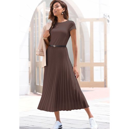 Midikleid LASCANA, Damen, Gr. 36, N-Gr, braun, Obermaterial: 100% Polyester. Obermaterial 2: 100% Polyester, unifarben, modisch, figurumspielend Midi, Rundhals, Kurzarm, Kleider, mit Plisseerockteil, Basic, modisch, Topseller