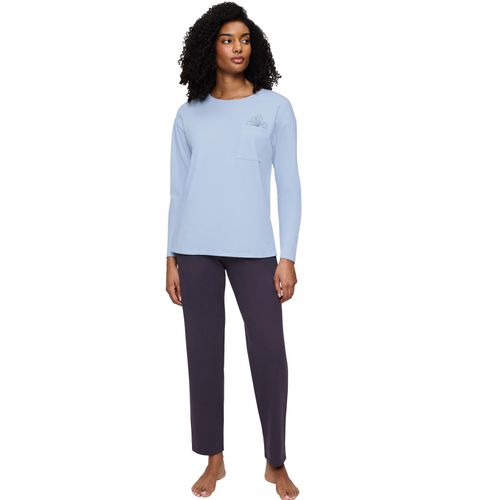 Schlafanzug TRIUMPH, Damen, Gr. 44, combina blau, Obermaterial: 100% Baumwolle, unifarben, bestickt, casual, Rundhals, Langarm, Homewear-Sets, mit Blumenstickerei