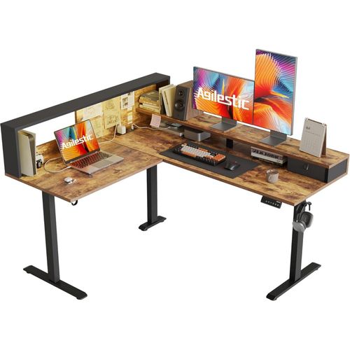Agilestic L-förmiger Stehschreibtisch 160 x 140 cm Braun LED-Höhenverstellbar
