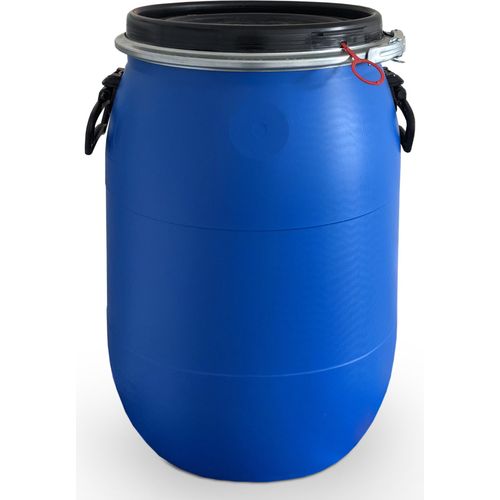 4 x 60 L 60 Liter Spannfass Kunststofftonne Fass Tonne mit Deckel Spannring Farbe blau, gebr. (4x60 Spann)