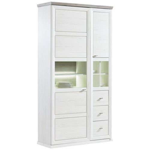 Hom`in Vitrine , Grau, Weiß , Metall , 4 Fächer , 3 Schubladen , 110x209x43 cm , Typenauswahl , Wohnzimmer, Wohnwände, Vitrinenschränke