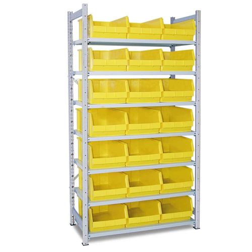 Steckregal, verzinkt, mit 7 Böden, Tiefe 515 mm, bestückt mit 21 Sichtboxen LB 2/21 Liter, gelb