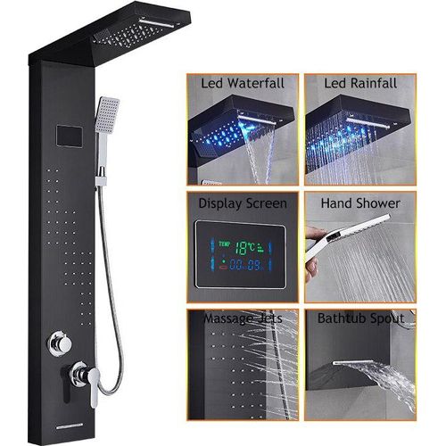Badezimmer LED Duschpaneel Digitalanzeige Massagedüsen Wasserfall Badewanne Auslauf Duschsäule,Schwarz