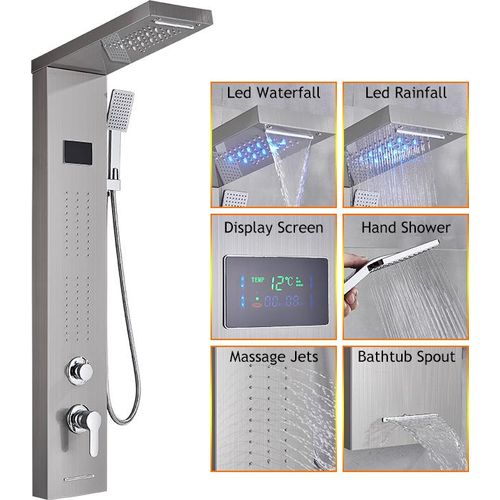 Badezimmer LED Duschpaneel Digitalanzeige Massagedüsen Wasserfall Badewanne Auslauf Duschsäule,Nickel gebürstet