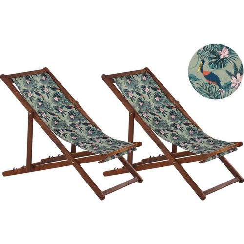 BELIANI Liegestühle 2er Set aus dunklem Akazienholz mit buntem Bezug zusammenklappbar Pelikanmuster Gartenausstattung Outdoor Gartenzubehör Modern