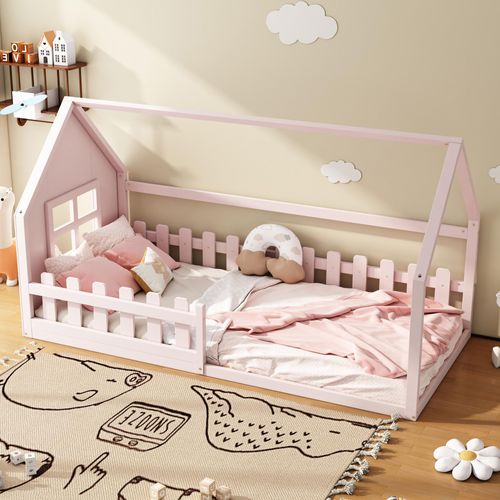 Kinderbett 90*200cm Flachbett, Hausleiste, Rosa