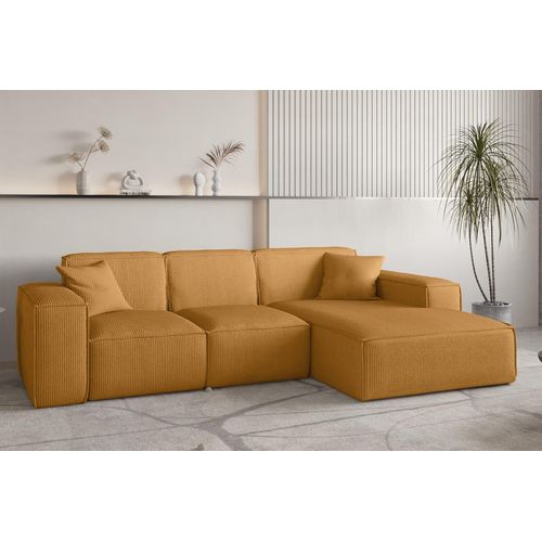 Ecksofa Designersofa CELES PREMIUM in Stoff Scala Senfgelb Ottomane Rechts