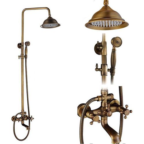 Antikes Badezimmer-Duscharmatur-Set, Messing, Duschsäule, Wandhalterung, Doppelgriff mit Handbrause + Ablage, Messing-Badezimmer-Duschmischer, D01