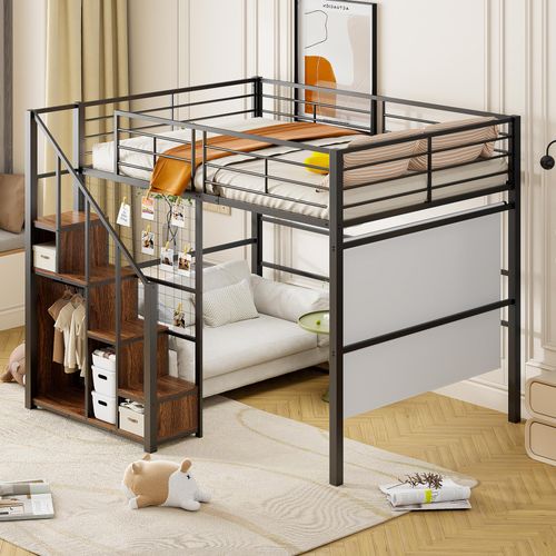 Hochbett mit Sicherheitsleiter 140*200, Kinderbett mit Eisenrahmen und Ablagefläche, Jugendbett, schwarz