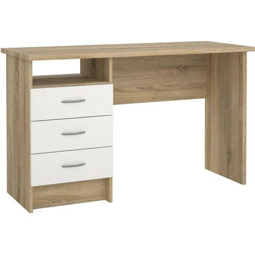 Linearer Schreibtisch mit drei Schubladen, Farbe Eiche weiß, Maße 120 x 72 x 48 cm