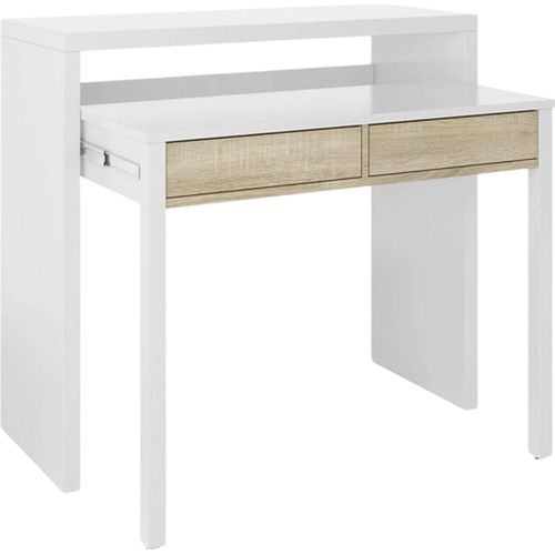 Konsolentisch Billings, Schreibtisch mit ausziehbarer Platte, PC-Schreibtisch mit 2 Schubladen, 99x36h88 cm, Weiß und Eiche