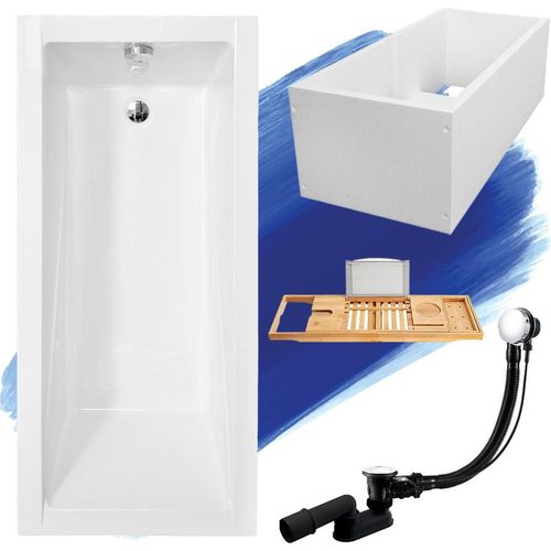 Badewanne Rechteck Set 5in1 140x70 mit Premium Ablaufgarnitur und Füßen GRATIS + Wannenträger + Bambus Holzablage | BADLAND MODERN