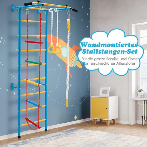 GOPLUS 5-in-1-Klettergerüst Sprossenwand, Wandmontiertes Stallstangen-Set mit Strickleiter, Klimmzugstange, Wandleiter, Seil & Turnringe, für Kinder ab 3 Jahren & Erwachsene bis 100kg