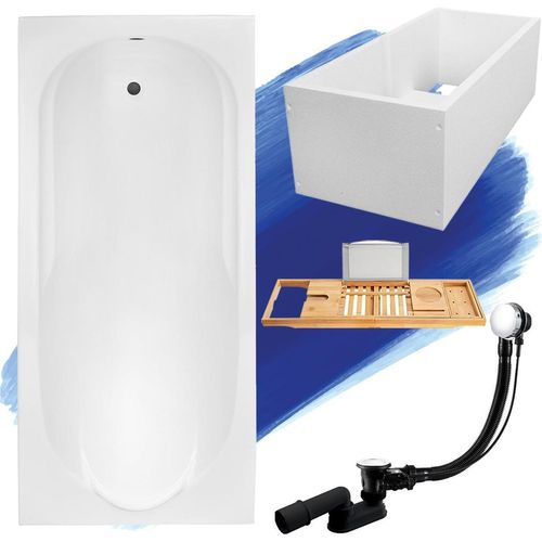 Badewanne Rechteck Set 5in1 170x70 mit Premium Ablaufgarnitur und Füßen GRATIS + Wannenträger + Bambus Holzablage | BADLAND BONA