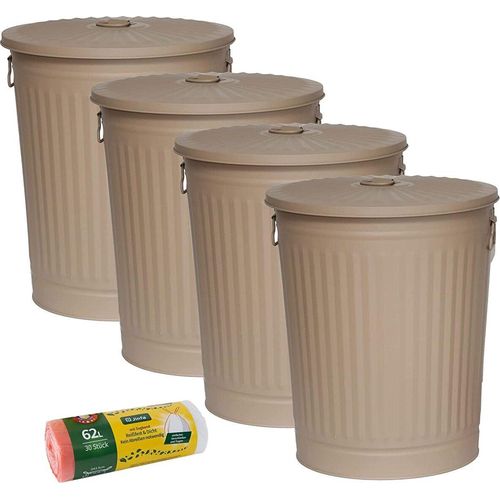 Jinfa 4er-Set Retrodesign Mülleimer mit Griffen und Deckel + 30 Müllbeutel | Beige | 62L