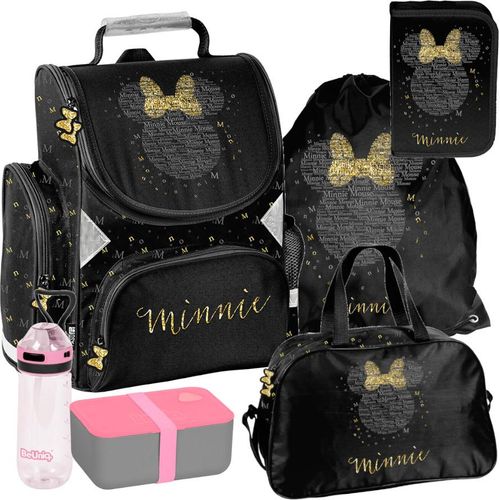 Schulrucksack Mädchen Jungen Motiv MINIE 6 T Set Rucksack, Federmäppchen, Tasche, Trinkflasche, Frühstückstasche, Schulranzen Mega-Set Paso