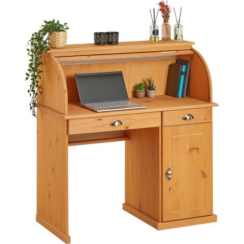 Sekretär TOM aus massiver Kiefer gebeizt, schöner Bürotisch mit 2 Schubladen und 1 Tür, praktischer Arbeitstisch mit Rollladen