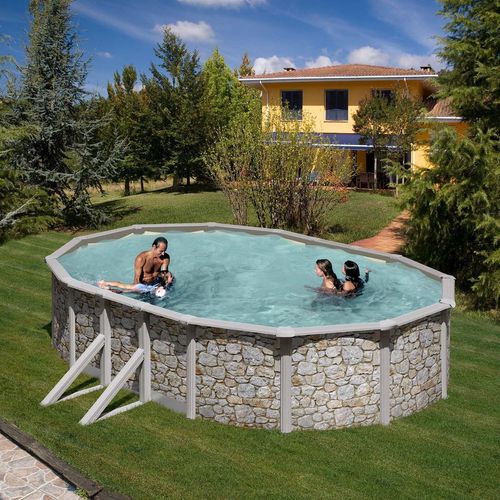 Stahlwandpool Gre GIANT Komplettset Ovalpool oval 375 x 730 x 120 cm stein