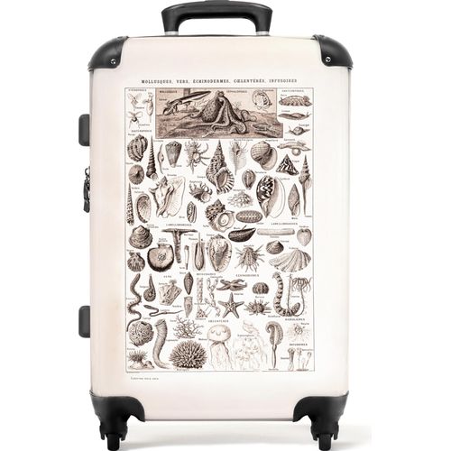 NoBoringSuitcases.com® Großer Koffer - Retro - Meerestiere - Muscheln - Schwarz und weiß - Zeichnung - Kombinationsschloss TSA - Hartschalen Trolley 4 Rollen - 72 liter - Reisekoffer - 66 cmKoffer Mittelgroß 67x43x25 cm, 72L,
