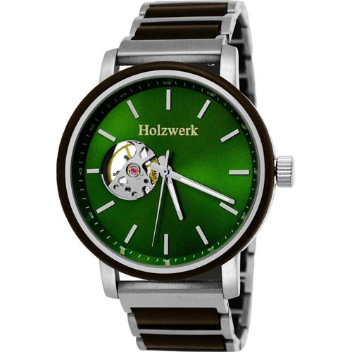 Holzwerk CREUSSEN Herren Edelstahl & Holz Automatik Uhr, silber, braun, grün