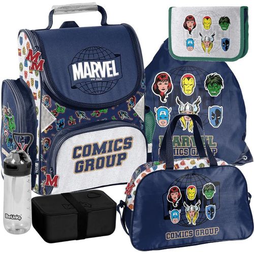 Schulrucksack Mädchen Jungen Motiv AVENGERS 6 T Set Rucksack, Federmäppchen, Tasche, Trinkflasche, Frühstückstasche, Schulranzen Mega-Set Paso