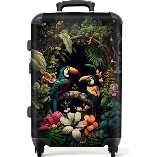 NoBoringSuitcases.com® Großer Koffer - Vogel - Blumen - Pflanzen - Dschungel - Schwarz - Tukan - Kombinationsschloss TSA - Hartschalen Trolley 4 Rollen - 72 liter - Reisekoffer - 66 cmKoffer Mittelgroß 67x43x25 cm, 72L,