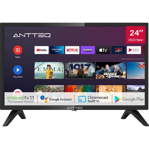 Antteq AG24F1DCU Android Fernseher 24 Zoll (61cm) Smart TV mit Google Assistant, Chromecast, Netflix, Prime Video, Disney+, Wi-Fi, Triple Tuner