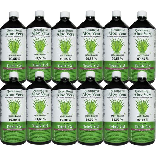 QueenRoyal Aloe Vera Trinkgel 12x 1 Liter Flasche 99.55% Barbadensis Miller Blattgel unverdünnt KEIN Saft KEIN Konzentrat OHNE künstliche Vitamine.