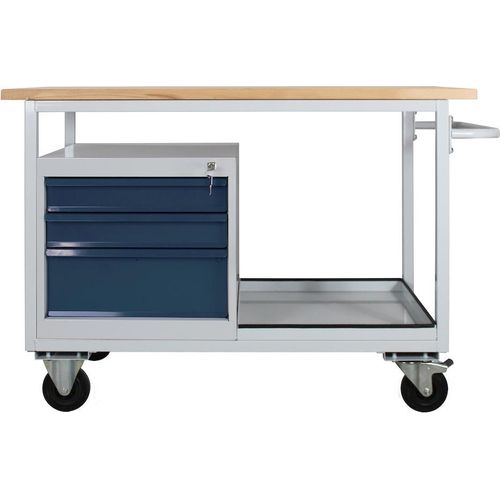 Mobile Werkbank Light Rhino mit Ablagefach + 3 Schubladen | HxBxT 85x130x60cm | 2 Lenkrollen (mit Bremse) und 2 Bockrollen | Traglast 300kg | Lichtgrau/Anthrazitgrau