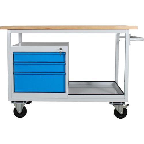 Mobile Werkbank Light Rhino mit Ablagefach + 3 Schubladen | HxBxT 85x130x60cm | 2 Lenkrollen (mit Bremse) und 2 Bockrollen | Traglast 300kg | Lichtgrau/Lichtblau