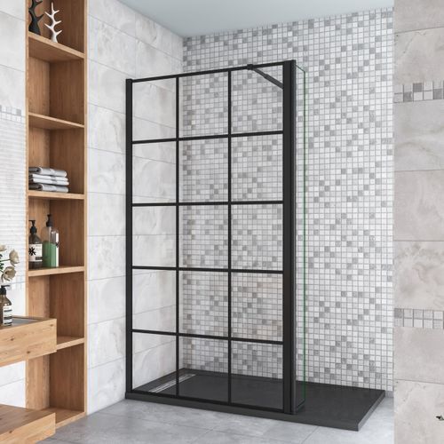 Schwarz Walkin Duschkabine 80x200cm Gittermuster Duschwand mit 40x200cm Flipper Panel +73-120cm Stabilisator