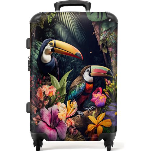 NoBoringSuitcases.com® Großer Koffer - Tukan - Blumen - Pflanzen - Dschungel - Kombinationsschloss TSA - Hartschalen Trolley 4 Rollen - 72 liter - Reisekoffer - 66 cmKoffer Mittelgroß 67x43x25 cm, 72L,