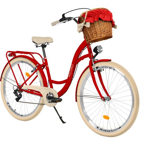 Milord Komfort Fahrrad Mit Weidenkorb Damenfahrrad, 28 Zoll, Rot, 7 Gang Shimano