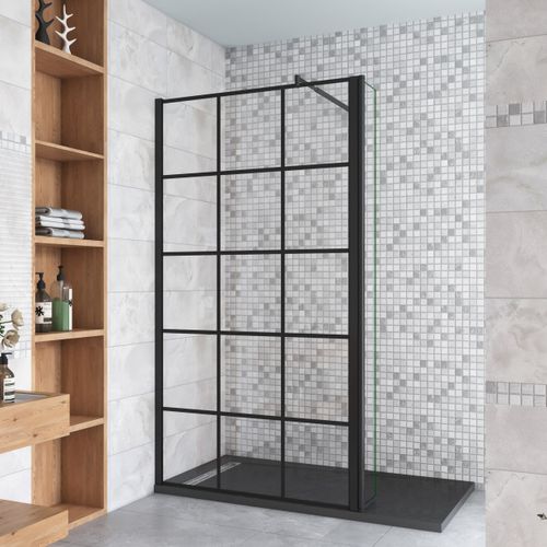 Schwarz Walkin Duschkabine 100x200cm Gittermuster Duschwand mit 30x200cm Flipper Panel +70-120cm Stabilisator
