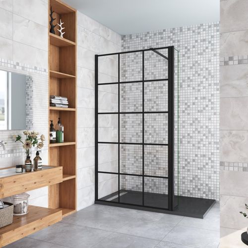 Schwarz Walkin Duschkabine 100x200cm Gittermuster Duschwand mit 40x200cm Flipper Panel +90cm Stabilisator