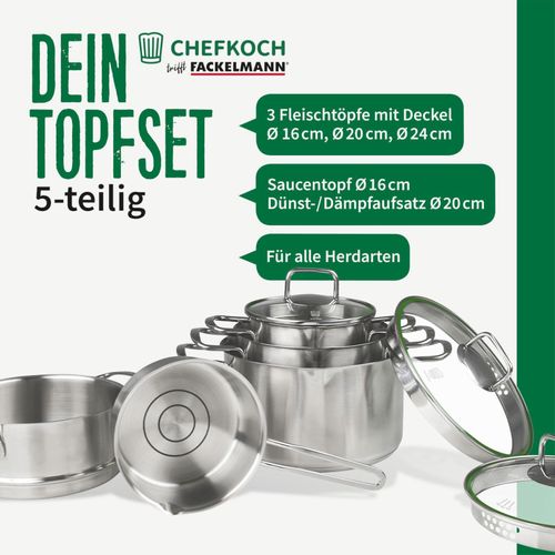 Chefkoch trifft Fackelmann - 5-teiliges Topfset München für alle Herdarten, inkl. Induktion, mit Glasdeckeln und Öl-Dosiersystem