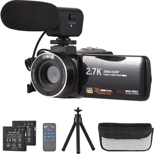 Andoer 2.7K Digital Videokamera Camcorder DV Recorder 48MP 16X Digital Zoom 3.0 Zoll IPS Touch Panel Unterstuetzt Gesichtserkennung Beauty Face Smile Capture Anti-Shake mit 2 Batterien + Fernbedienung + Mini-Stativ + Tragetasche + Externes Mikrofon