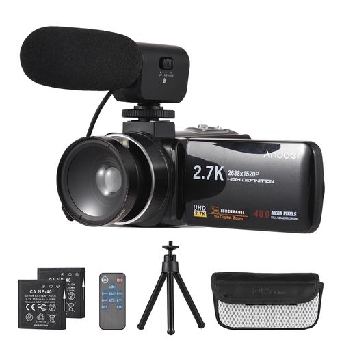 Andoer 2.7K Digital Videokamera Camcorder DV Recorder 48MP 16X Digital Zoom 3.0 Zoll IPS Touch Panel Unterstuetzt Gesichtserkennung Beauty Face Smile Capture Anti-Shake mit 2 Batterien + Fernbedienung + Ministativ + Tragetasche + Externes Mikrofon + 0.45X Weitwinkel-Makroobjektiv