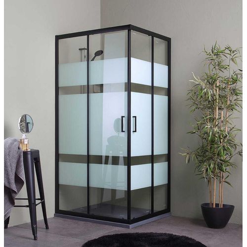 Elegante, schwarz, vollgerahmte Eckdusche 80x100cm mit weißen Glasdekor Querstreifen | City