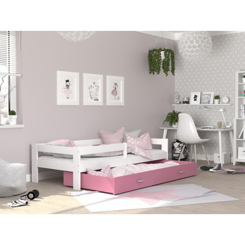 MEBLITO Naomi Kinderbett Gitterbett Juniorbett Kinderzimmer Jugendbett Einzelbett Weiss/Rosa160x80 MIT Matratze