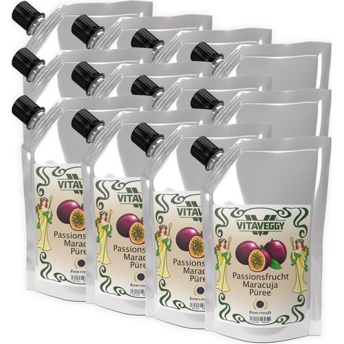 VITAVEGGY PASSIONS-MARACUJA-FRUCHT Früchte-Püree 12x 1kg Grenadille-Granadille-Purpurgranadilla-Granadilla-Püree Food-United geeignet für Babybrei-Obstbrei Maracuja-Passionsfrucht-Saft-Smoothie-Sorbet-Schorle-Cocktail-Quark GVO-Frei Glutenfrei & 100% natü