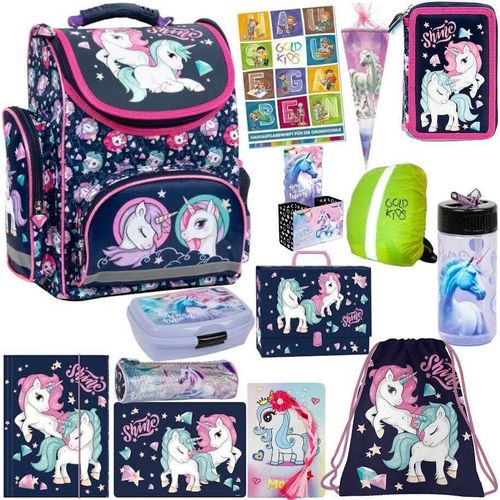 Schulranzen XXL Set 15er Ranzen Tornister Federmappe Turnbeutel Gummizugmappe Zuckertüte Brotdose Trinkflasche Aufgabenheft Aktentasche Einhorn Unicorn Motiv