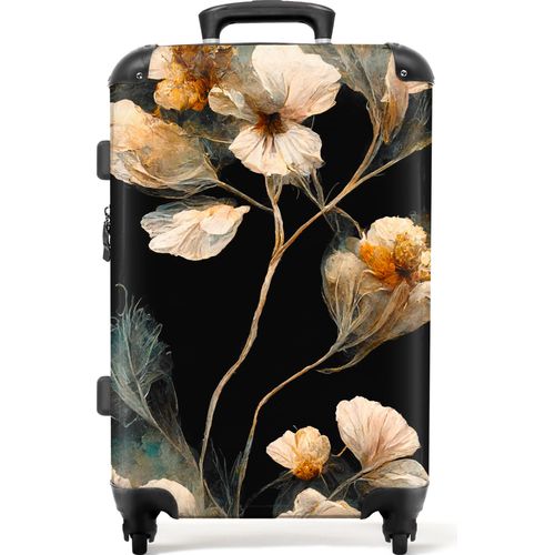 NoBoringSuitcases.com® Großer Koffer - Blumen - Schwarz - Pflanzen - Vintage - Kombinationsschloss TSA - Hartschalen Trolley 4 Rollen - 72 liter - Reisekoffer - 66 cmKoffer Mittelgroß 67x43x25 cm, 72L,