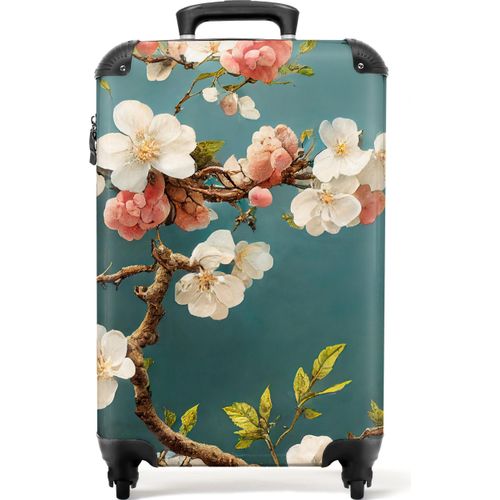 NoBoringSuitcases.com® Koffer Handgepäck Trolley Rollkoffer Kleine Reisekoffer mit 4 Rollen - Blumen - Blüte - Kirsche - Zweig - Weiß - Cabin Size < 55x40x23 cm & 55x40x20 cm - Fotokoffer - Kabinenkoffer - BoardgepäckHandgepäck Koffer 55x35x20 cm, 36L,