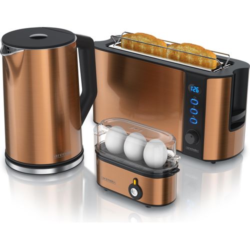 Arendo Frühstücksset, Wasserkocher 1,5l, 2-Scheiben Toaster Langschlitz, 3er Eierkocher, Kupfer