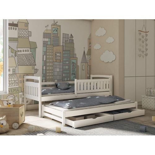 Kinderbett aus massiver Kiefer GABRIEL mit Aufbettung und Schubladen - 200x90 cm – weiß